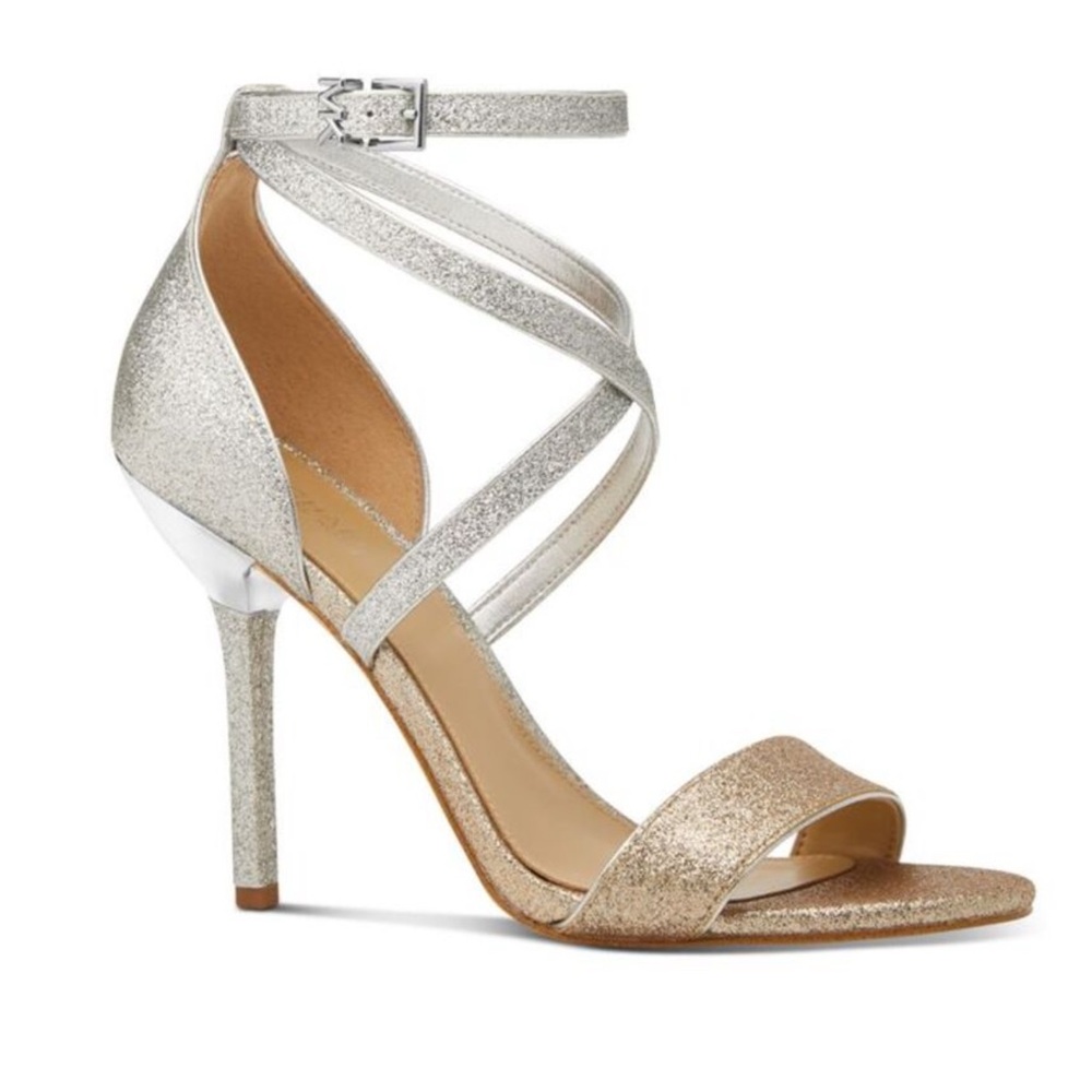 NEW Michael Kors “Astrid” Silver & Gold Glitter Sandals NWT Women’s size 9